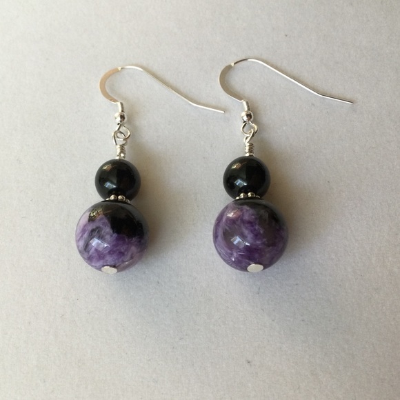 NWT Black Jade, Charoite & Sterling Earrings - c 40 tcw Natural Mineral Gems - Picture 2 of 6